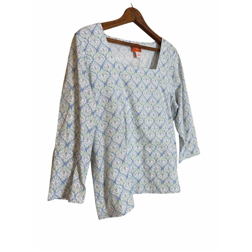 Hearts Of Palm NWOT Square Neck Geometric 3/4 Sleeve Blouse Blue Petite Large - Picture 3 of 7